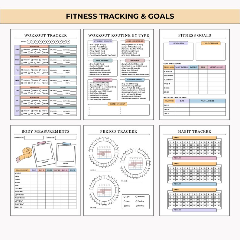 Printable and editable 75-day challenge tracker bundle with health, fitness, nutrition, habit, and mindset pages. Includes color and black & white versions with a certificate of completion.