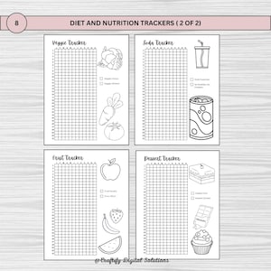 Printable pixel tracker bullet journal in US Letter, A4, and A5 sizes for daily tracking and wellness. Features 25 pages with unique trackers for savings, fitness, sleep, mood, and more. Digital download for habit, self-care, & productivity goals