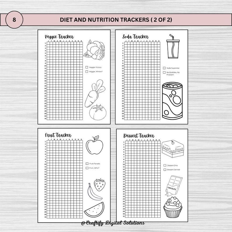 Printable pixel tracker bullet journal in US Letter, A4, and A5 sizes for daily tracking and wellness. Features 25 pages with unique trackers for savings, fitness, sleep, mood, and more. Digital download for habit, self-care, & productivity goals