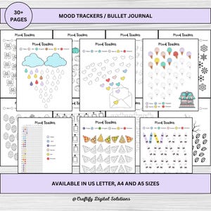 May include: A set of printable mood trackers for bullet journaling. The trackers feature various themes, including rain clouds, hearts, ice cream cones, pizza slices, crayons, and leaves. The text "MOOD TRACKERS / BULLET JOURNAL" and "AVAILABLE IN US LETTER, A4 AND A5 SIZES" is included in the image.