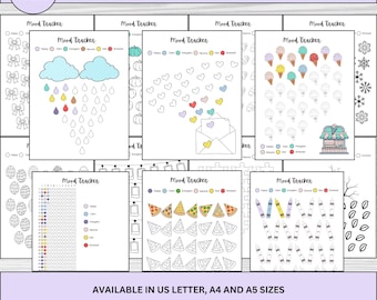 May include: A set of printable mood trackers for bullet journaling. The trackers feature various themes, including rain clouds, hearts, ice cream cones, pizza slices, crayons, and leaves. The text "MOOD TRACKERS / BULLET JOURNAL" and "AVAILABLE IN US LETTER, A4 AND A5 SIZES" is included in the image.