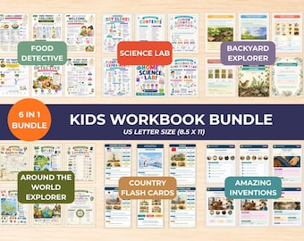Kids Educational Workbook Bundle, 6 Printable Activity Books, Homeschool Learning, Science, Geography, Nature & Nutrition PDF