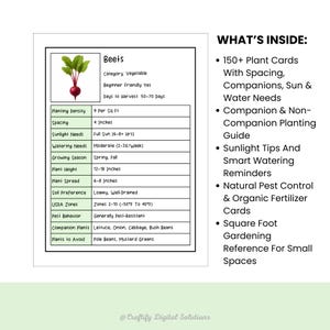 Printable Gardening Flashcards Featuring 150+ Plants With Companion Planting, Spacing, Pests, Watering, Sunlight, And USDA Zone Info — 4 Cards Per US Letter Page