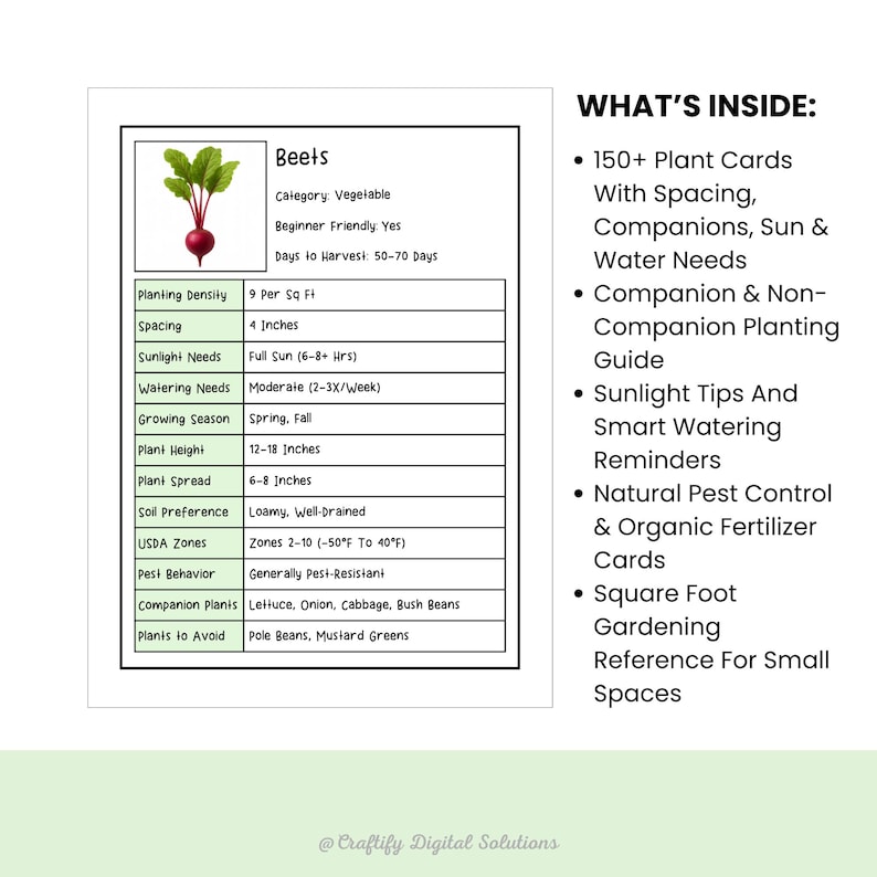 Printable Gardening Flashcards Featuring 150+ Plants With Companion Planting, Spacing, Pests, Watering, Sunlight, And USDA Zone Info — 4 Cards Per US Letter Page