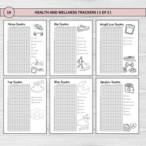 Printable pixel tracker bullet journal in US Letter, A4, and A5 sizes for daily tracking and wellness. Features 25 pages with unique trackers for savings, fitness, sleep, mood, and more. Digital download for habit, self-care, & productivity goals