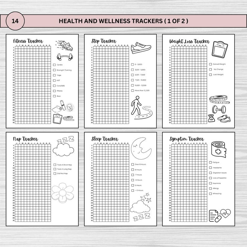Printable pixel tracker bullet journal in US Letter, A4, and A5 sizes for daily tracking and wellness. Features 25 pages with unique trackers for savings, fitness, sleep, mood, and more. Digital download for habit, self-care, & productivity goals