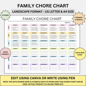 Cuadro de tareas familiares imprimible / 1 a 6 personas / PDF editable / A4 y carta de EE. UU. / Organizador del hogar / Descarga digital / Plantilla Canva