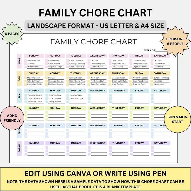 Editable Family Chore Chart: A4 & US Letter (digital Download) - Etsy
