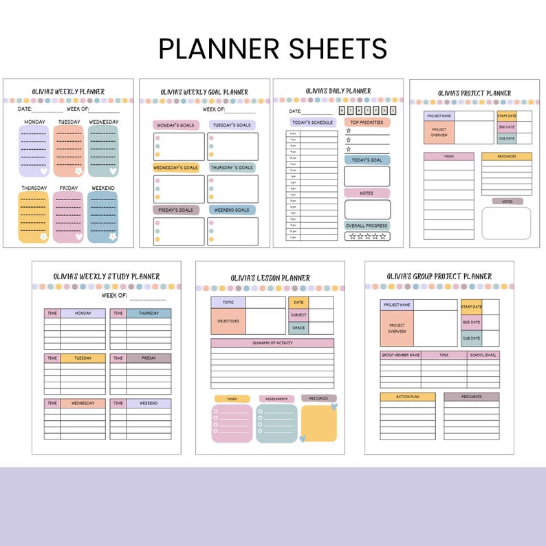 Personalized Kids School Planner with daily routine, homework tracker, chore chart, and goal-setting pages; Canva editable and printable in US Letter size.