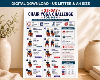 Póster imprimible del reto de yoga en silla de 28 días para hombres, rutina de yoga sentado, guía complementaria, registro semanal, paquete de PDF de fitness para personas mayores