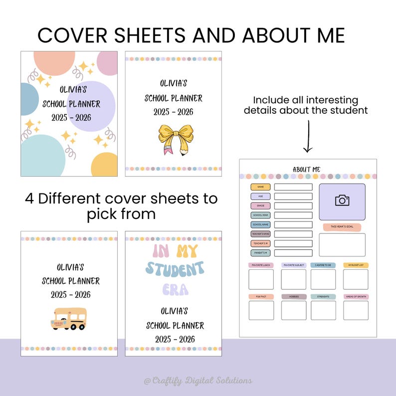 Personalized Kids School Planner with daily routine, homework tracker, chore chart, and goal-setting pages; Canva editable and printable in US Letter size.