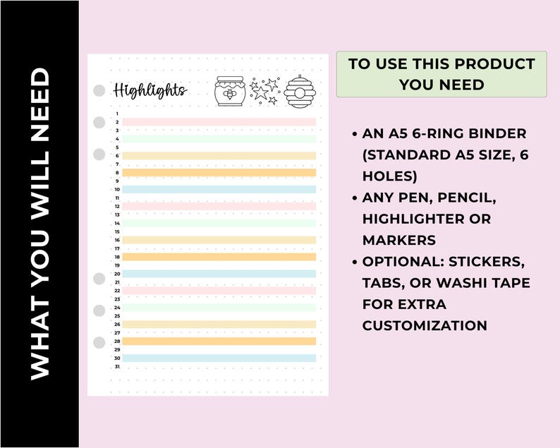 140-Page 2026 A5 Bullet Journal Insert Set Printed On 170 GSM Thick Paper. Pre-Punched For A5 Binders. Includes Yearly Trackers, Monthly Pages, Fun Pages, Reading Logs, And Blank Sheets. Ships Within USA.