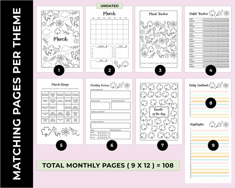 140-Page 2026 A5 Bullet Journal Insert Set Printed On 170 GSM Thick Paper. Pre-Punched For A5 Binders. Includes Yearly Trackers, Monthly Pages, Fun Pages, Reading Logs, And Blank Sheets. Ships Within USA.