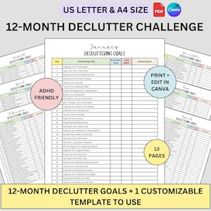 Desafío de 12 meses para ordenar + Plantilla personalizable / Editable en Canva / PDF imprimible en A4 y Carta de EE. UU. / Organiza y simplifica tu vida