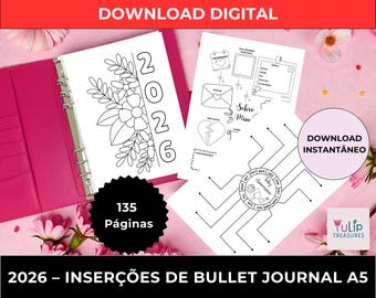 2026 Bullet Journal A5 Imprimível | 135 Páginas | Diário Pontilhado | Download Digital | Planejador Criativo