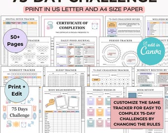 75 Day Challenge Tracker: Fitness & Wellness Planner | Habit Tracker | Printable PDF + Canva Template