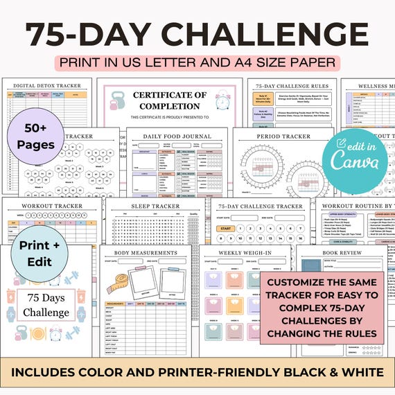75 Day Challenge Tracker: Fitness & Wellness Planner | Habit Tracker | Printable PDF + Canva Template