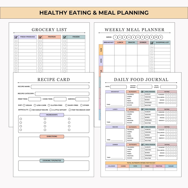 Printable and editable 75-day challenge tracker bundle with health, fitness, nutrition, habit, and mindset pages. Includes color and black & white versions with a certificate of completion.