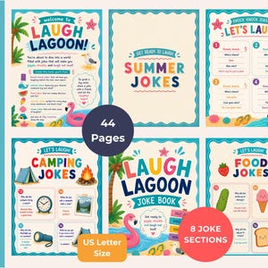 Könnte beinhalten: Ein farbenfrohes Kinderwitzbuch mit dem Titel "Laugh Lagoon Joke Book". Das Cover zeigt Illustrationen von Flamingos, Palmen und Strandelementen. Das Buch umfasst 44 Seiten und 8 Witzabschnitte, im US Letter Format.