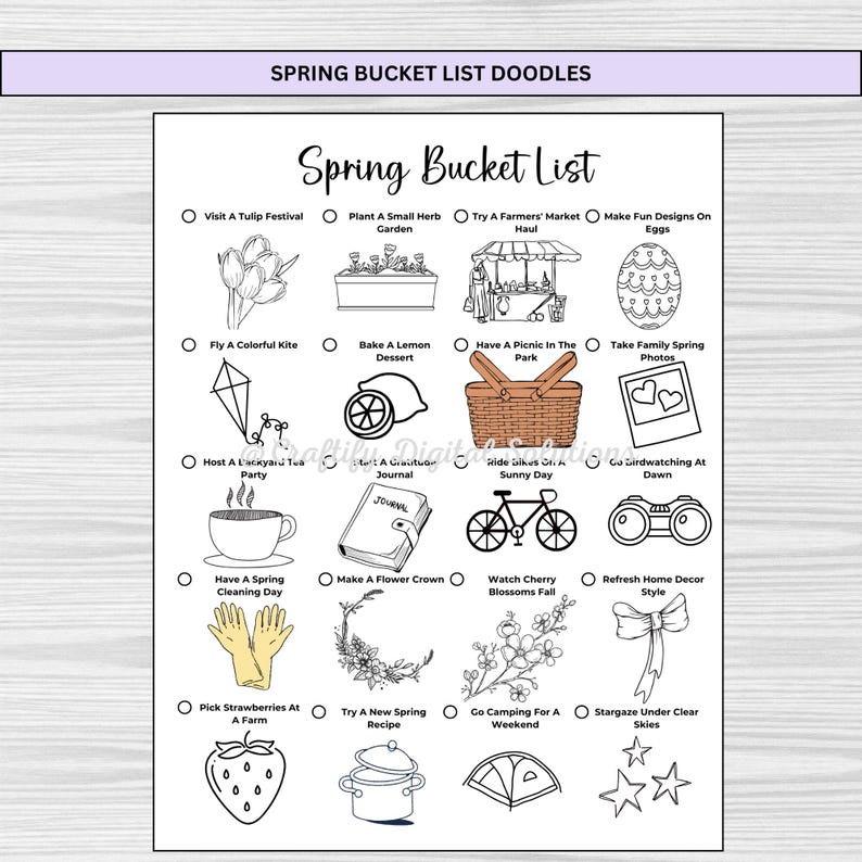 Bullet Journal 2025 Seasonal Bucket List Printables with Doodles for Spring, Summer, Fall, and Winter in A4, A5, and US Letter Sizes