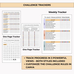 Printable and editable 75-day challenge tracker bundle with health, fitness, nutrition, habit, and mindset pages. Includes color and black & white versions with a certificate of completion.
