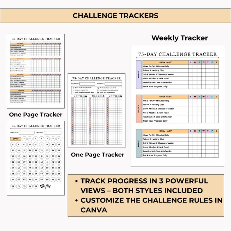 Printable and editable 75-day challenge tracker bundle with health, fitness, nutrition, habit, and mindset pages. Includes color and black & white versions with a certificate of completion.