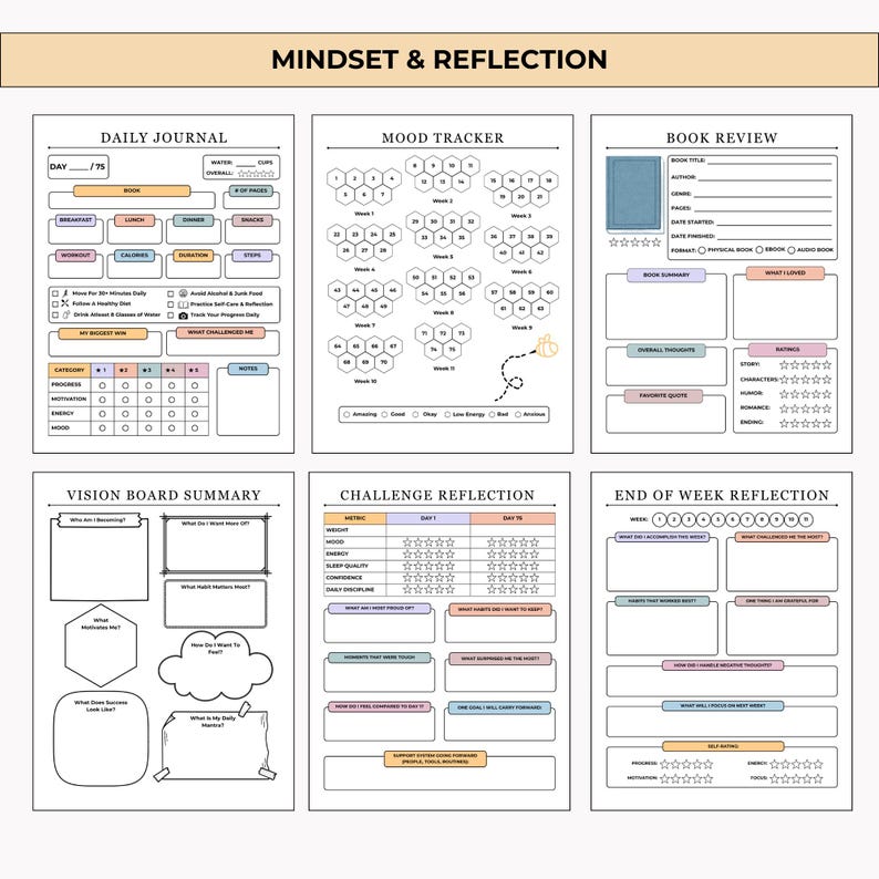 Printable and editable 75-day challenge tracker bundle with health, fitness, nutrition, habit, and mindset pages. Includes color and black & white versions with a certificate of completion.