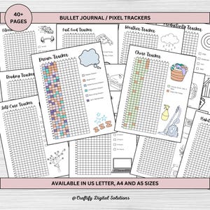 2025 & 2026 Bullet Journal Trackers, Undated, Yearly trackers bundle, BUJO Planner with doodles to color and track goals around the year