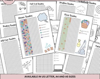 2025 & 2026 Bullet Journal Trackers, Undated, Yearly trackers bundle, BUJO Planner with doodles to color and track goals around the year