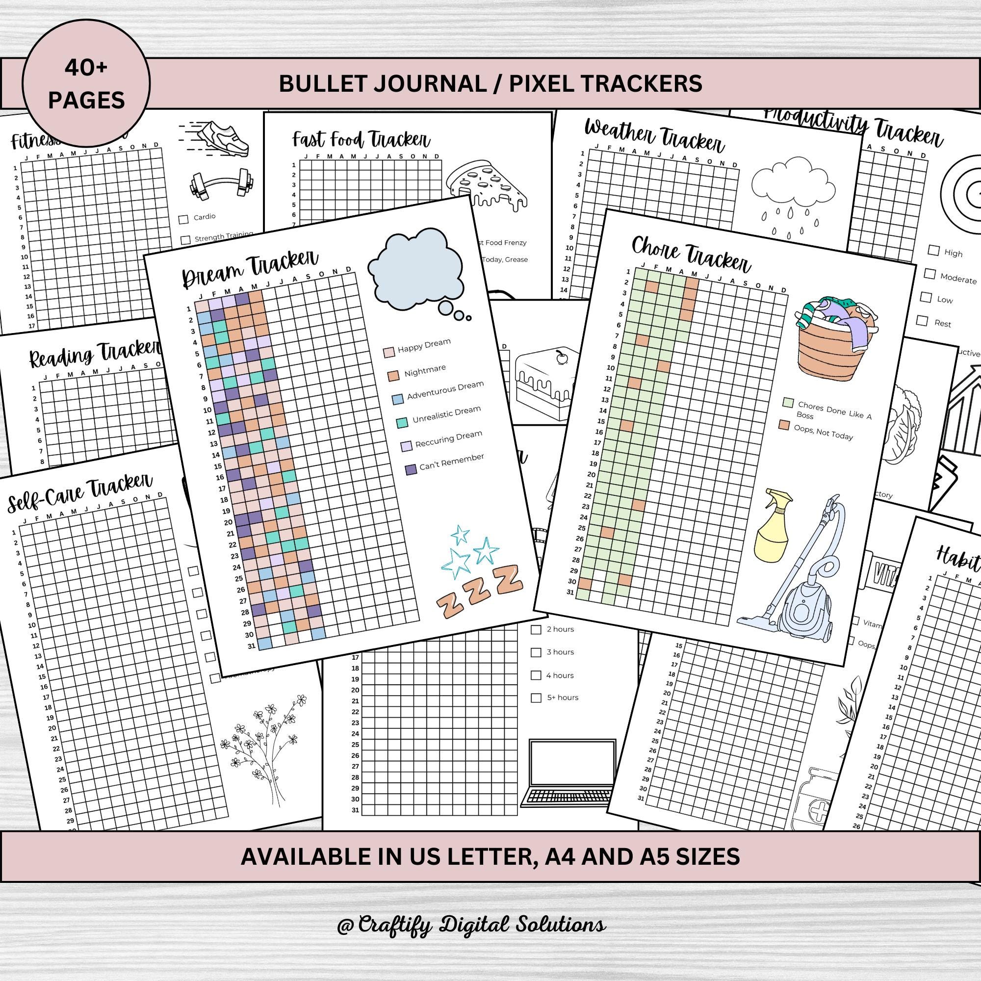 2025 & 2026 Bullet Journal Trackers, Undated, Yearly trackers bundle, BUJO Planner with doodles to color and track goals around the year