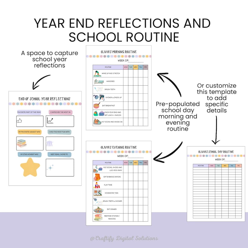 Personalized Kids School Planner with daily routine, homework tracker, chore chart, and goal-setting pages; Canva editable and printable in US Letter size.