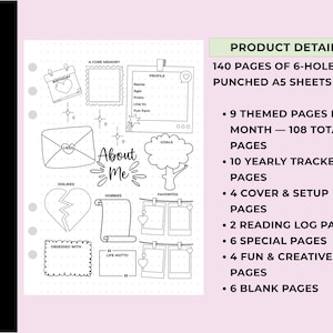 140-Page 2026 A5 Bullet Journal Insert Set Printed On 170 GSM Thick Paper. Pre-Punched For A5 Binders. Includes Yearly Trackers, Monthly Pages, Fun Pages, Reading Logs, And Blank Sheets. Ships Within USA.