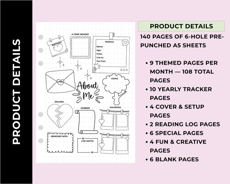140-Page 2026 A5 Bullet Journal Insert Set Printed On 170 GSM Thick Paper. Pre-Punched For A5 Binders. Includes Yearly Trackers, Monthly Pages, Fun Pages, Reading Logs, And Blank Sheets. Ships Within USA.