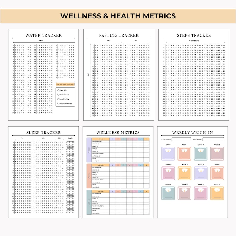 Printable and editable 75-day challenge tracker bundle with health, fitness, nutrition, habit, and mindset pages. Includes color and black & white versions with a certificate of completion.