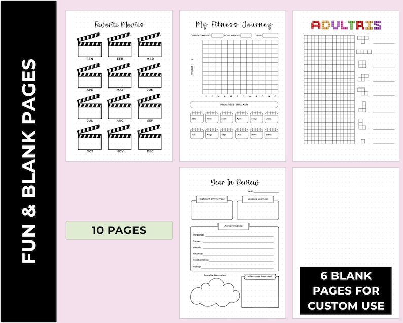140-Page 2026 A5 Bullet Journal Insert Set Printed On 170 GSM Thick Paper. Pre-Punched For A5 Binders. Includes Yearly Trackers, Monthly Pages, Fun Pages, Reading Logs, And Blank Sheets. Ships Within USA.