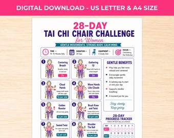 Reto de Tai Chi en Silla de 28 días para mujeres, póster de ejercicios para personas mayores, guía de movimiento imprimible y registro de datos.