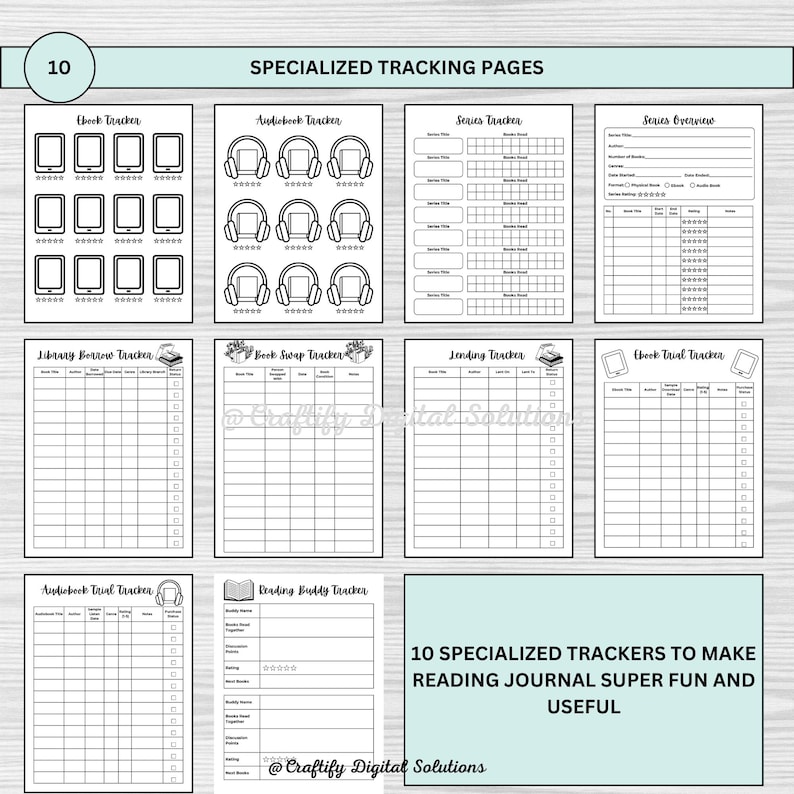 Digital Reading Journal featuring editable trackers, book challenges, mood and statistics trackers, book reviews, and more. Perfect for tracking your reading progress and organizing your books. Printable PDF format, easy to customize and use