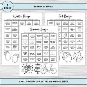 Jogo de Bingo Sazonal para Imprimir | Bingo de Atividades Primavera Verão Outono Inverno | Jogo de Férias para Crianças e Famílias | Tamanho Carta A4 A5 EUA Incluso