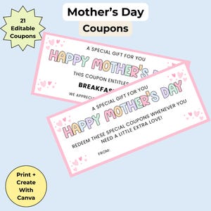 Cupones editables e imprimibles para el Día de la Madre / 21 cupones divertidos / Plantilla de Canva / Tamaño carta (EE. UU.) / Regalo para mamá / Libro de cupones DIY