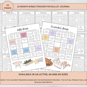 Rastreador de bingo de 12 meses imprimible / Tamaños carta de EE. UU., A4, A5 / Rastreador de objetivos mensuales personalizable / Plantillas en blanco y precargadas