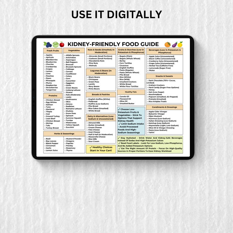 May include: A digital guide for kidney-friendly foods, organized by food category, with a green checkmark next to "Healthy Choices" and the text "Start in Your Cart!" at the bottom.
