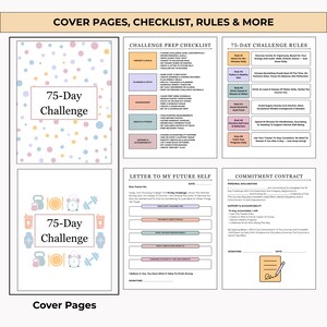 Printable and editable 75-day challenge tracker bundle with health, fitness, nutrition, habit, and mindset pages. Includes color and black & white versions with a certificate of completion.