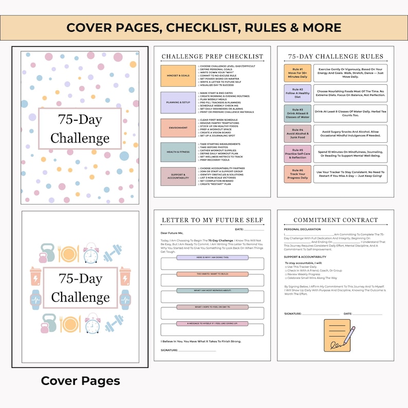 Printable and editable 75-day challenge tracker bundle with health, fitness, nutrition, habit, and mindset pages. Includes color and black & white versions with a certificate of completion.