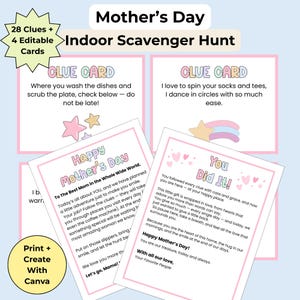 Caça ao tesouro para o Dia das Mães | Cartões de dicas para imprimir | Modelos de dicas editáveis do Canva | Jogo divertido para mães | Download digital