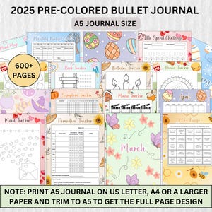 2025 Pre-Colored Bullet Journal Bundle: 600+ Printable Pages with Habit Trackers, Planners, Mood, Self-Care, Reading Trackers  | A5 Size