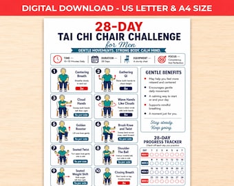 Reto de Tai Chi en Silla de 28 Días para Hombres / Póster de Ejercicios Sentados (Descarga Digital)