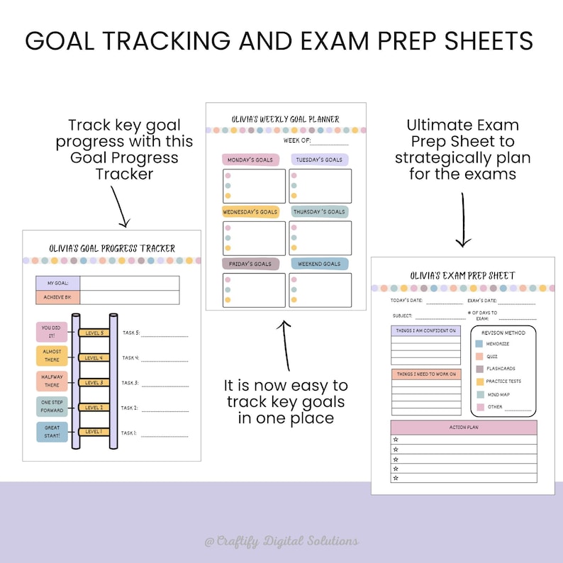 Personalized Kids School Planner with daily routine, homework tracker, chore chart, and goal-setting pages; Canva editable and printable in US Letter size.
