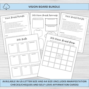 Ensemble Vision Board 2025 : agenda d'objectifs imprimable, cartes d'affirmation, fiches de manifestation et modèle de collage gratuit