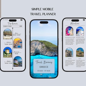 Könnte beinhalten: Drei Smartphones, die einen Reiseplaner für Griechenland anzeigen. Das mittlere Telefon zeigt eine malerische Küstenansicht. Das linke Telefon zeigt eine Reiseübersicht mit Daten und Orten. Das rechte Telefon hebt Attraktionen mit Bildern und Beschreibungen hervor.
