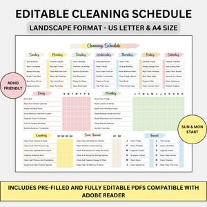 Editable Cleaning Schedule With Adobe Reader, Blank and Pre-Filled PDF, Monday & Sunday Start, Printable US Letter and A4 Cleaning Schedule